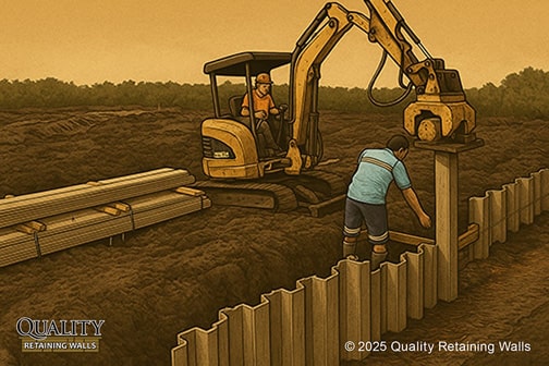 Sheet piling retaining wall with interlocking steel piles driven into soil